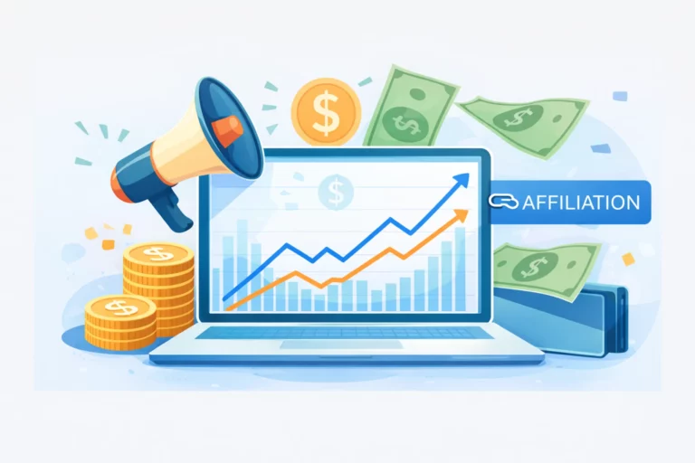 Illustration représentant un ordinateur avec des graphiques de croissance, des pièces, des billets et un lien d’affiliation, symbolisant la monétisation et les revenus en ligne.