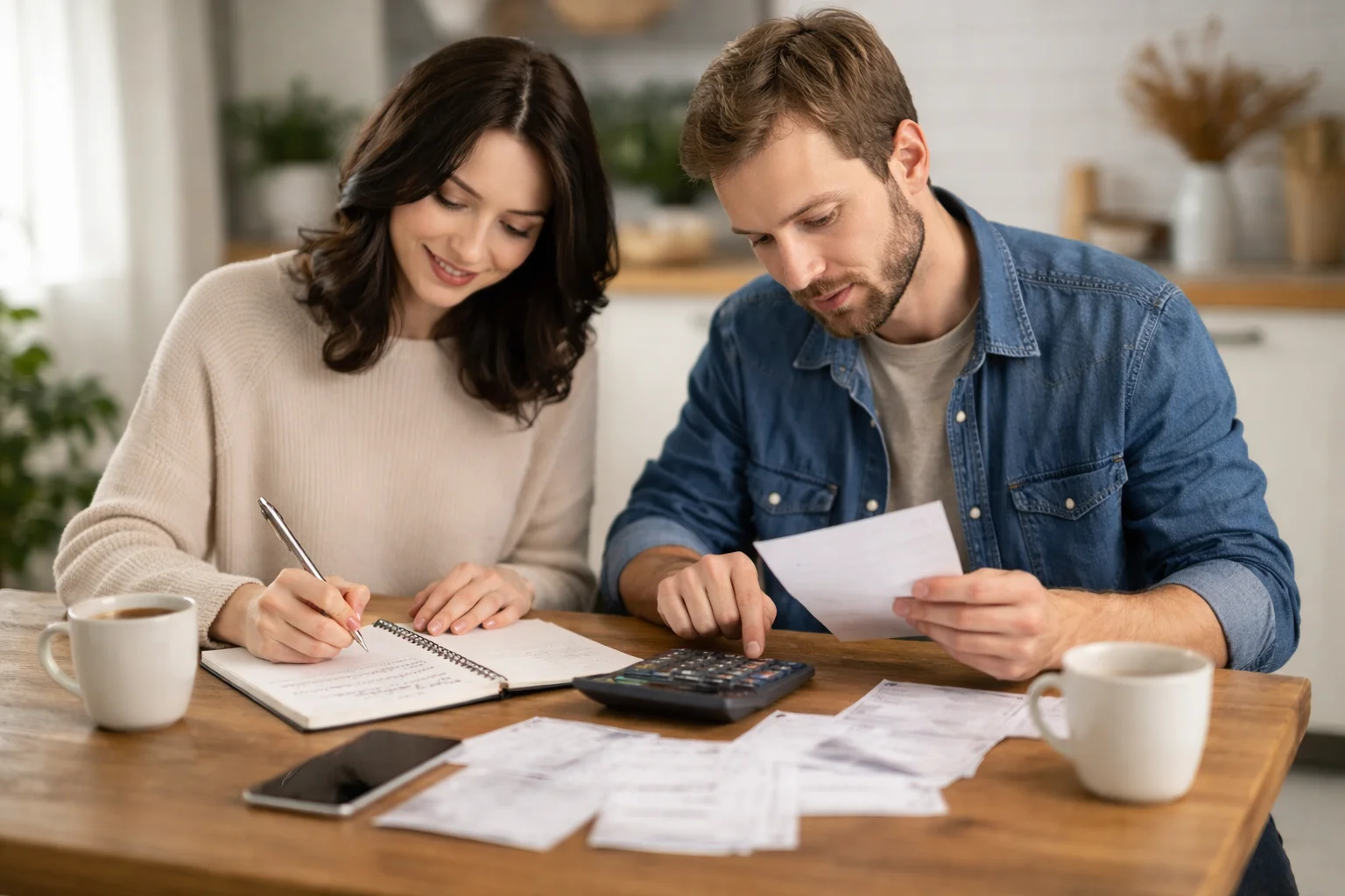 Couple analysant ses dépenses et construisant un budget simple et réaliste à la maison