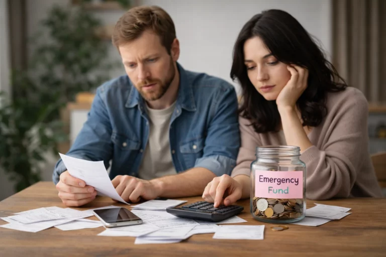 Couple évaluant sa situation financière et constituant une épargne de sécurité
