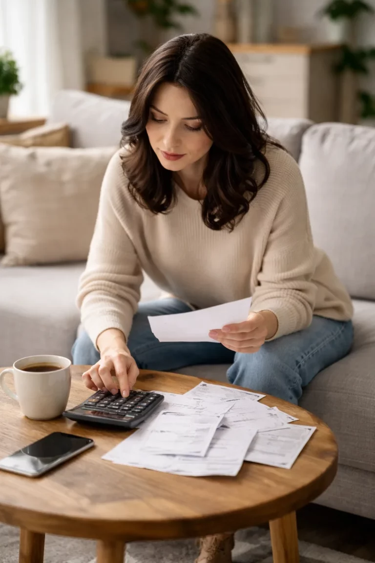 Femme analysant ses dépenses et factures pour mieux gérer son budget sans frustration