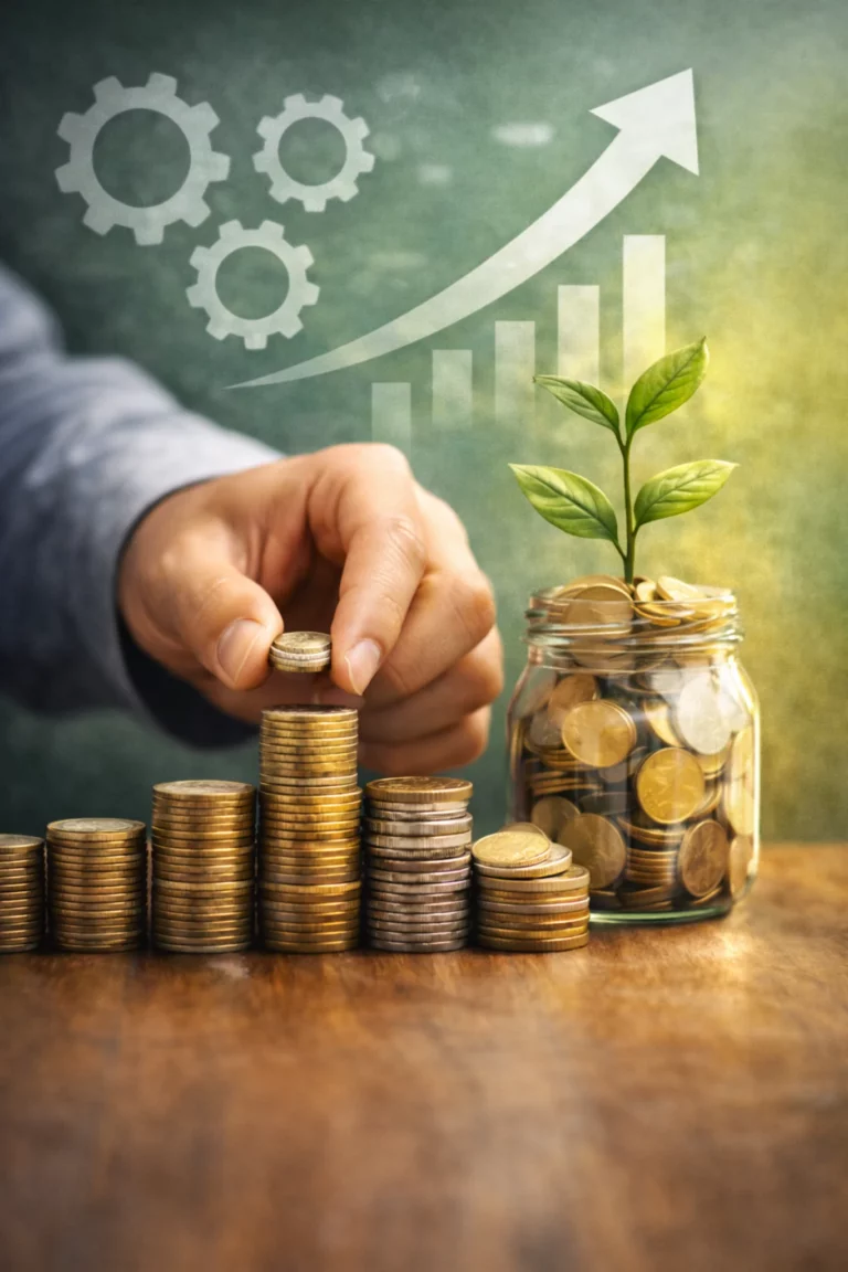 Main organisant des pièces symbolisant le renforcement progressif de la stabilité économique