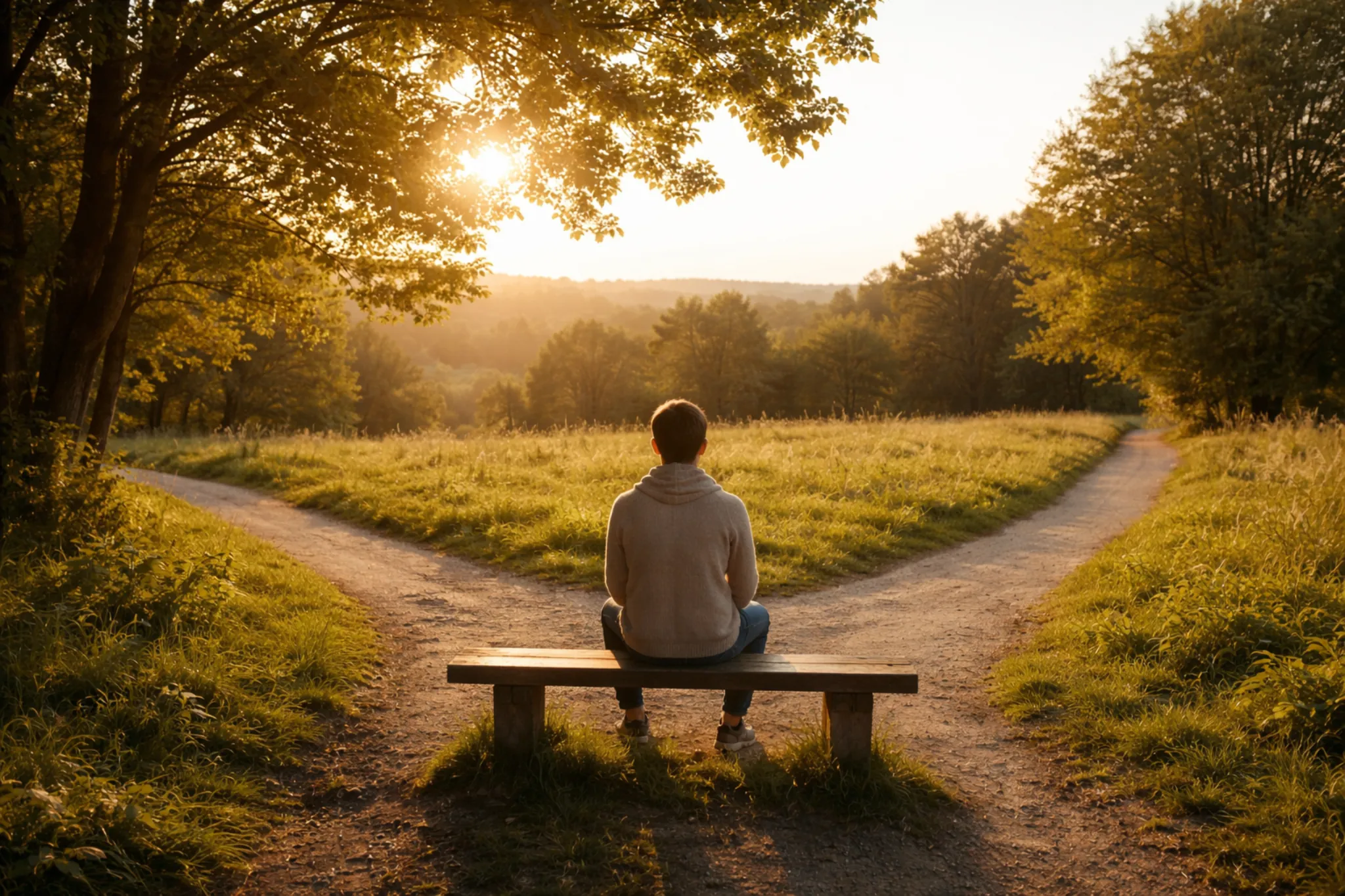 Personne assise face à une bifurcation de chemins, prenant le temps de réfléchir avant de choisir une direction